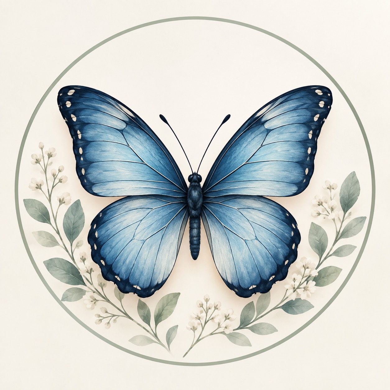 A blue butterfly framed by soft sage leaves and flowers